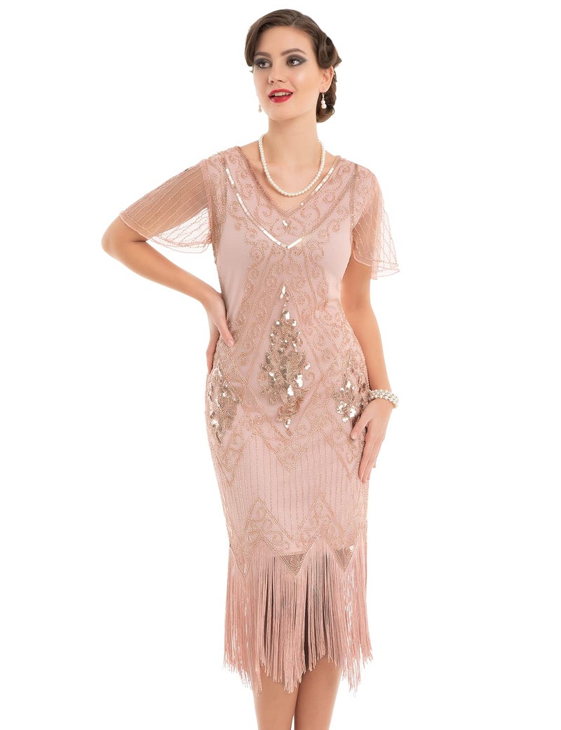 PrettyGuide Women's 1920s Dress Art Deco Flapper Dress with Sleeve S Rose Gold - Image 1